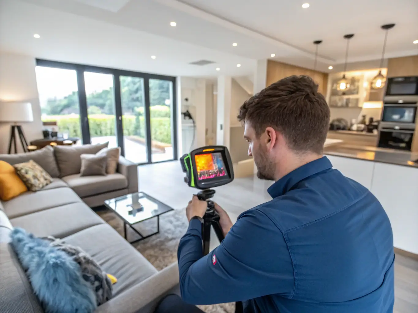 An inspector using a thermal imaging camera to detect temperature variations in a wall, indicating potential insulation issues or water leaks.